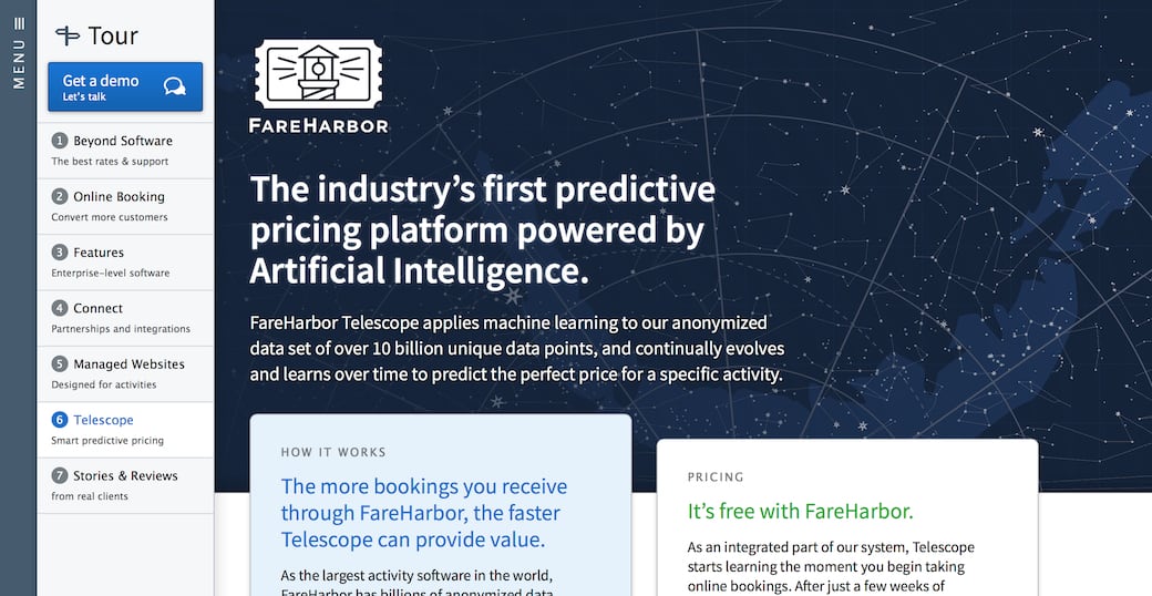 Screenshot showing a page on the FareHarbor website advertising a feature named FareHarbor Telescope.