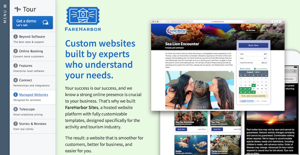 Screenshot showing a page on the FareHarbor website advertising the aforementioned FareHarbor Sites.