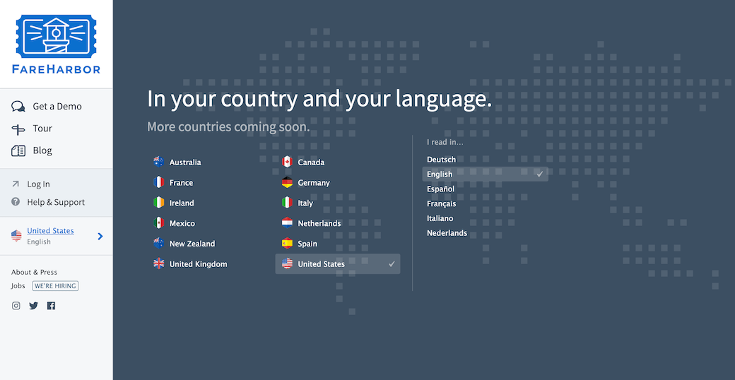 Screenshot showing the country and language selector interface for the FareHarbor website.