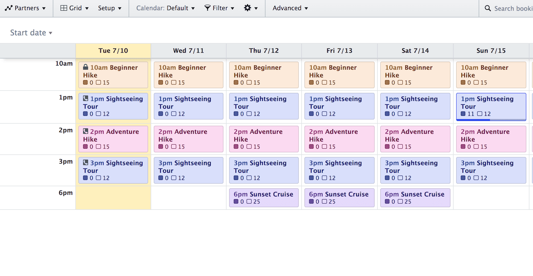 Screenshot of the Grid View showing a weekly schedule organized by day and activity.
