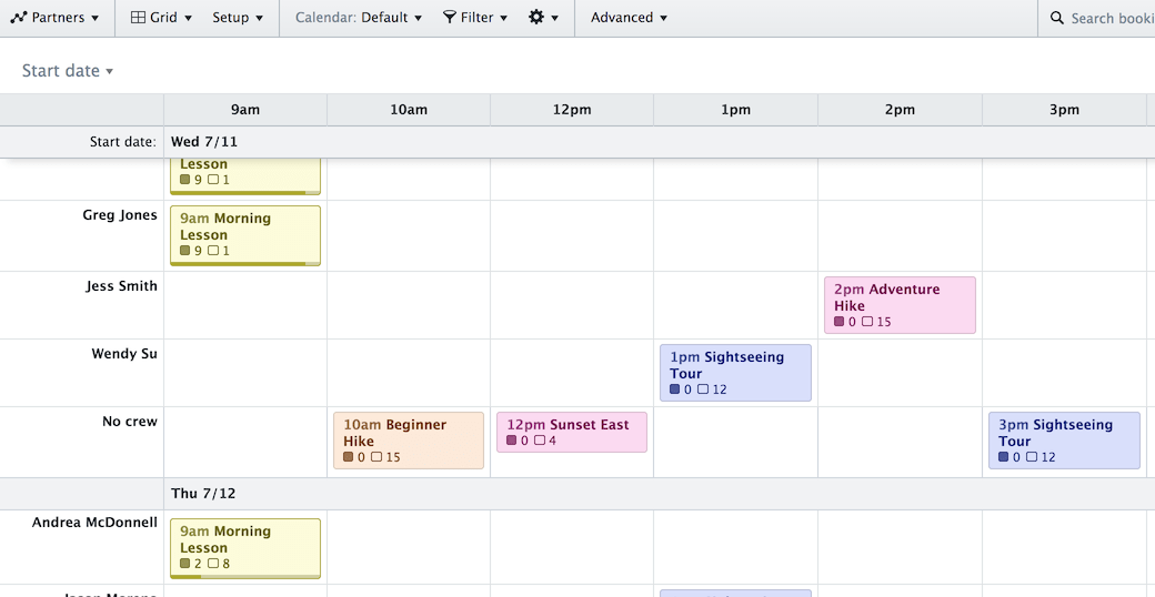 Screenshot of the Grid View showing a weekly schedule organized by day, time, and crew member.